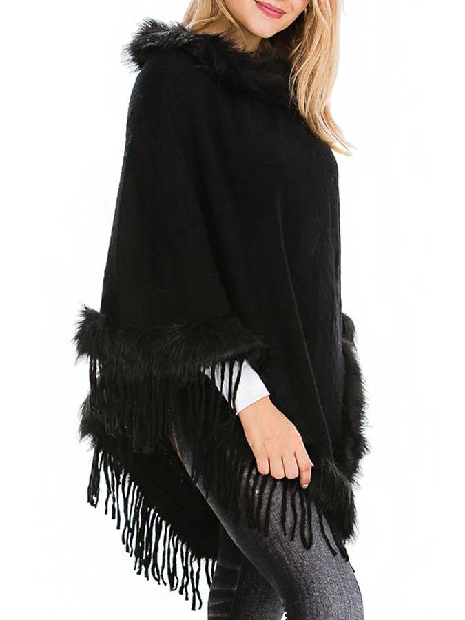 Cap Zone – wholesale Poncho – Women's – Faux Fur Lined Fringe Trim Pullover Poncho