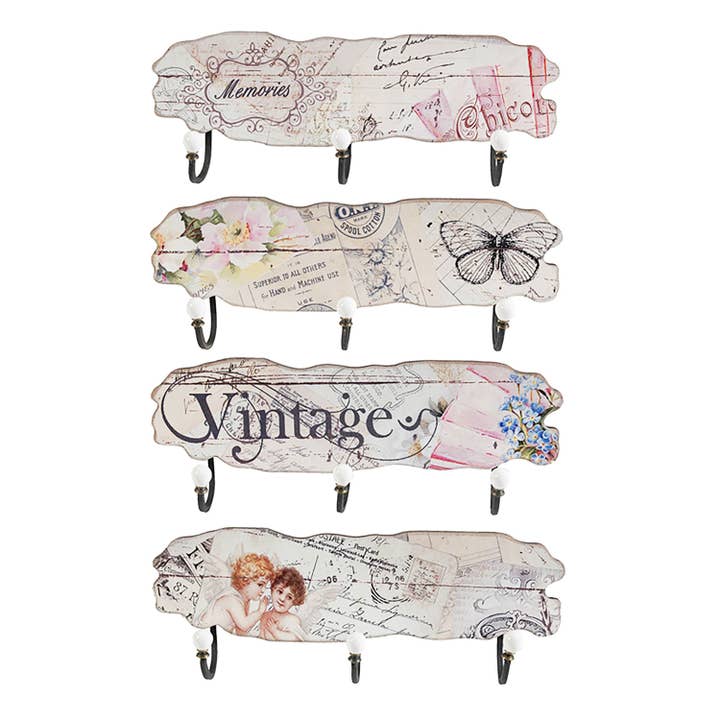 S/4 17,5x4x6,5" Vintage Wanddeko mit 3 Haken - Mehrfarbig für den Großhandel von A&B Home Group Inc.