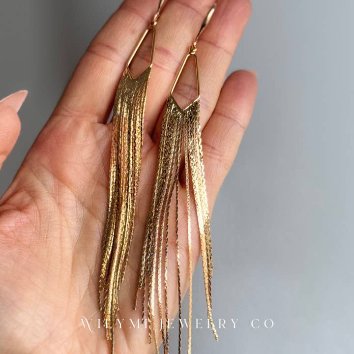 WILYMI Jewelry Co - Wholesale Tassel Earrings - NYE | GOLD Fringe Earrings | Gold Filled 5" Tassel