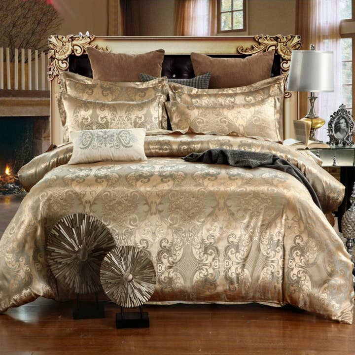Luxury Gold Duvet Cover Set, Jacquard Fabric Aesthetic Bedding Decorative, Embroidered Bedding Set for wholesale by daintyduvet
