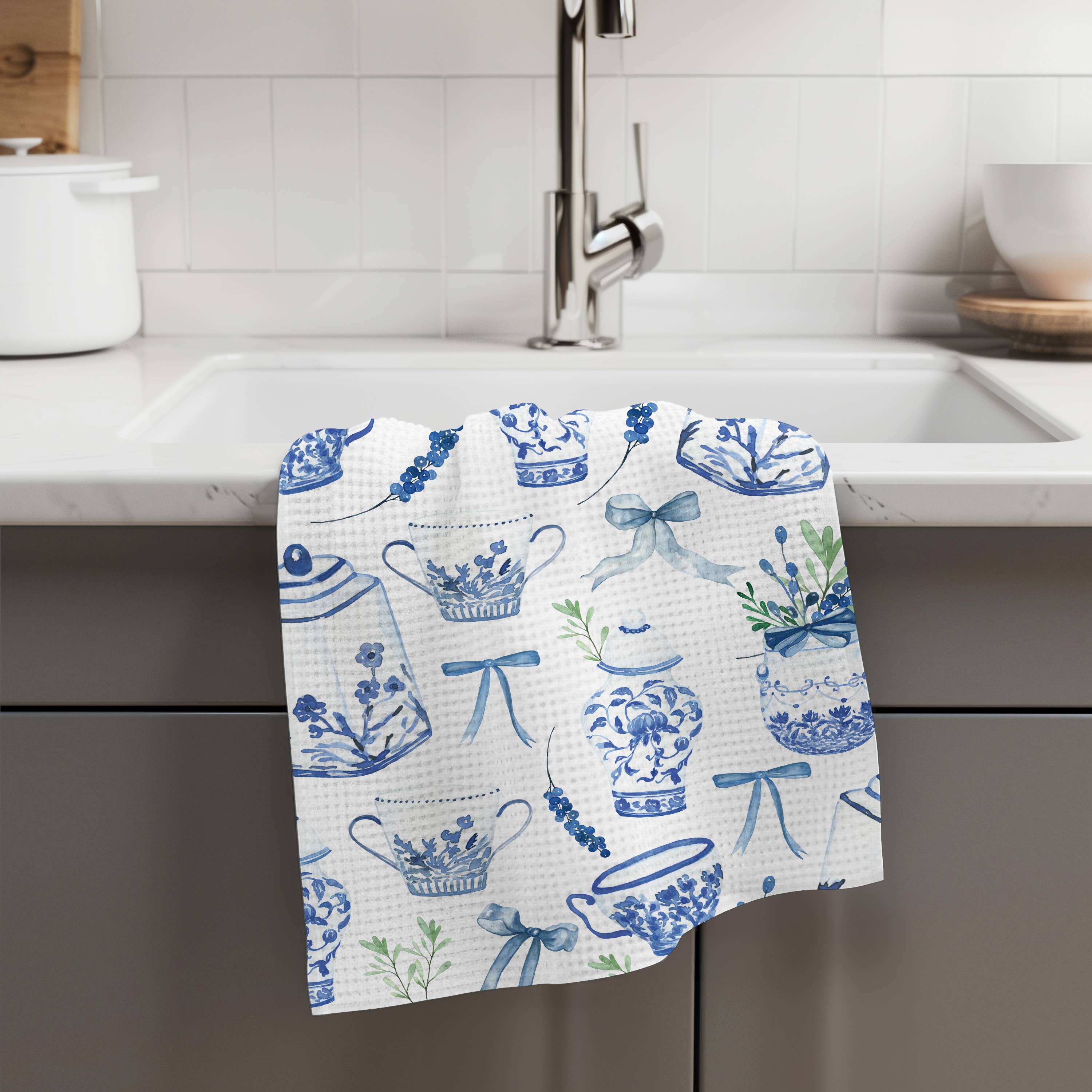 Canary Road - Wholesale Tea Towel - Chinoiserie Floral Kitchen Towel Vase Blue White Spring Bow2