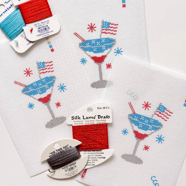 Cotswold Co Designs - Wholesale Embroidery/Cross Stitch Supplies - Patriotic Martini Needlepoint Canvas, Hand Painted, 18 Mesh, 2.5"x3" Design