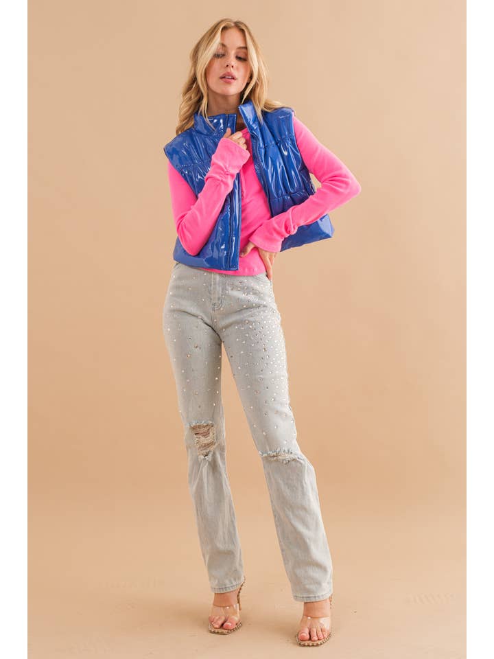 Blue B - Wholesale Outerwear Vest - Women's - 22656J - Gloss Shiny PU Quilted Puffer Zip Up Crop Vest28