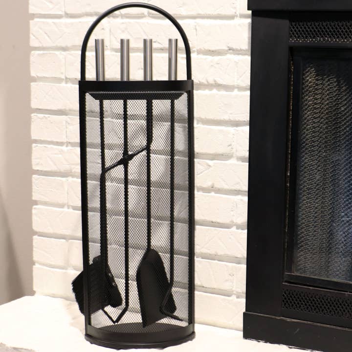 4-Piece Fireplace Tool Set with Mesh Shroud Holder for wholesale by Sunnydaze Decor