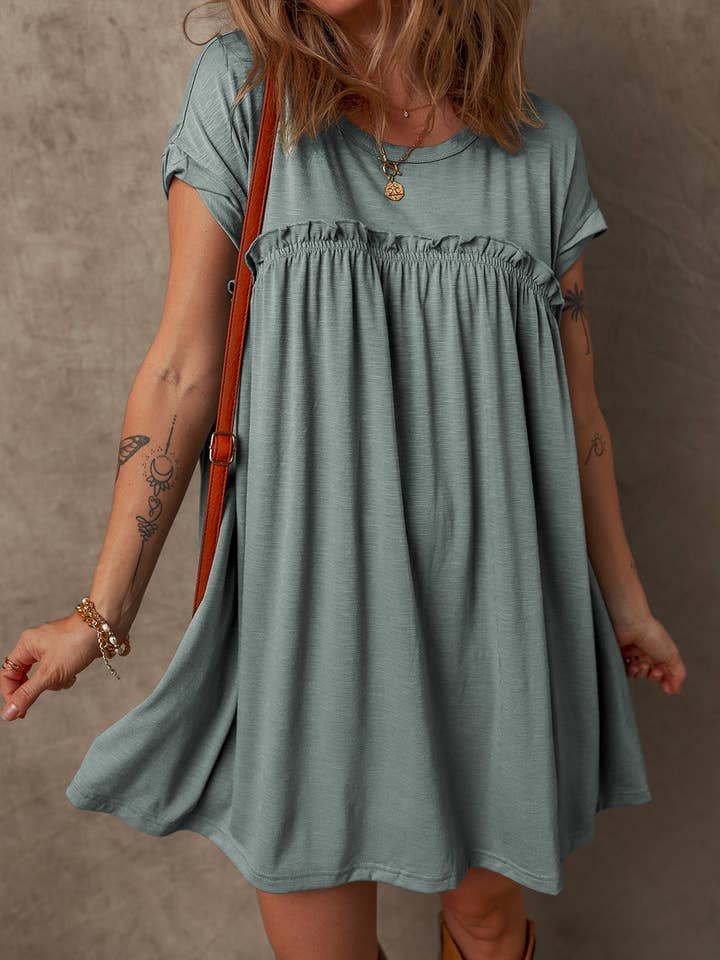 Mist Green Frilled Gathered Seam Round Neck T Shirt Dress for wholesale on Faire19