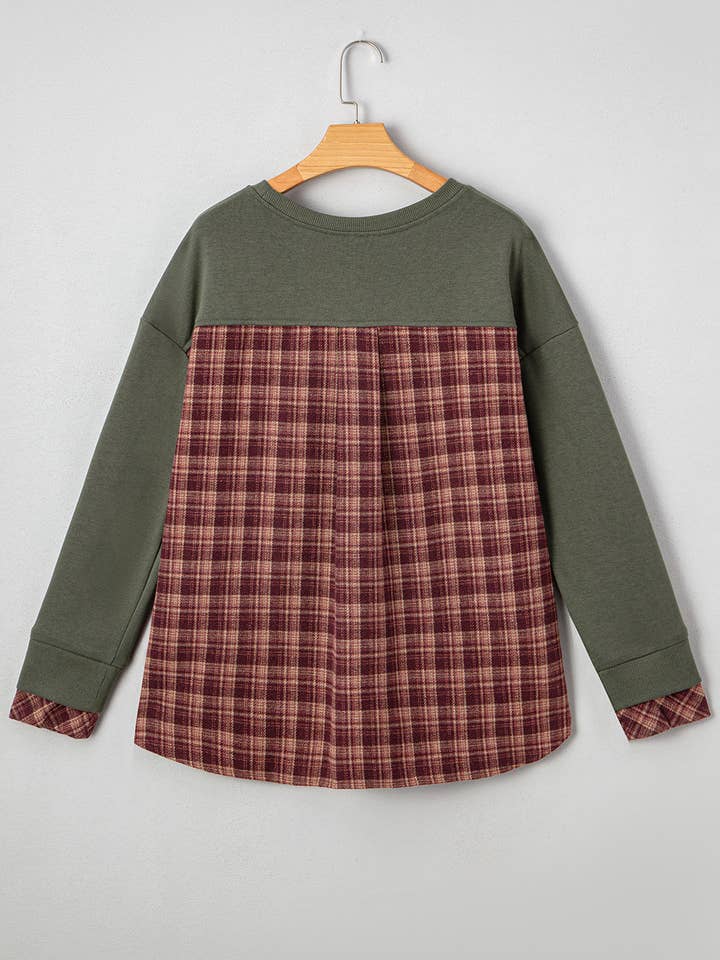 Moss Green Vintage Plaid Patchwork Drop Shoulder Sweatshirt for wholesale on Faire1