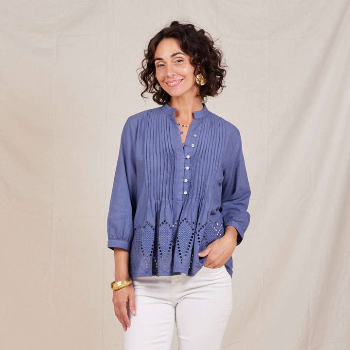 rockflowerpaper - Wholesale Tunic - Women's - Blue Pintuck Tunic With Eyelet Hem