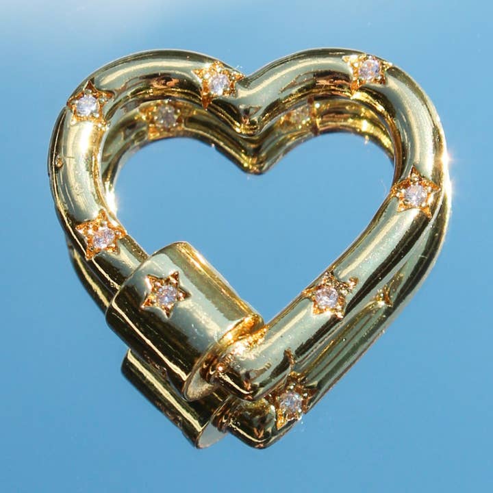 Beaded by Meg - Wholesale Clasp - Gold Heart with Inlaid Stars Carabiner Clasp