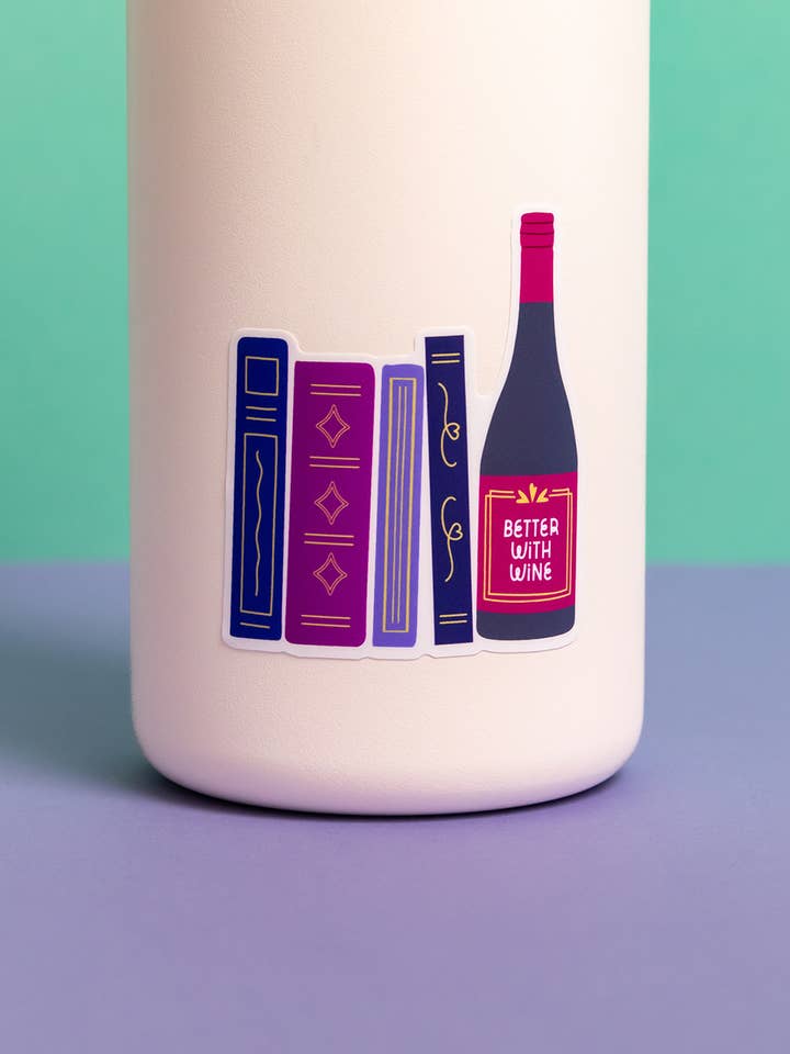 Better with Wine sticker | Books + Wine vinyl sticker for wholesale by Graphic Anthology Greeting Cards