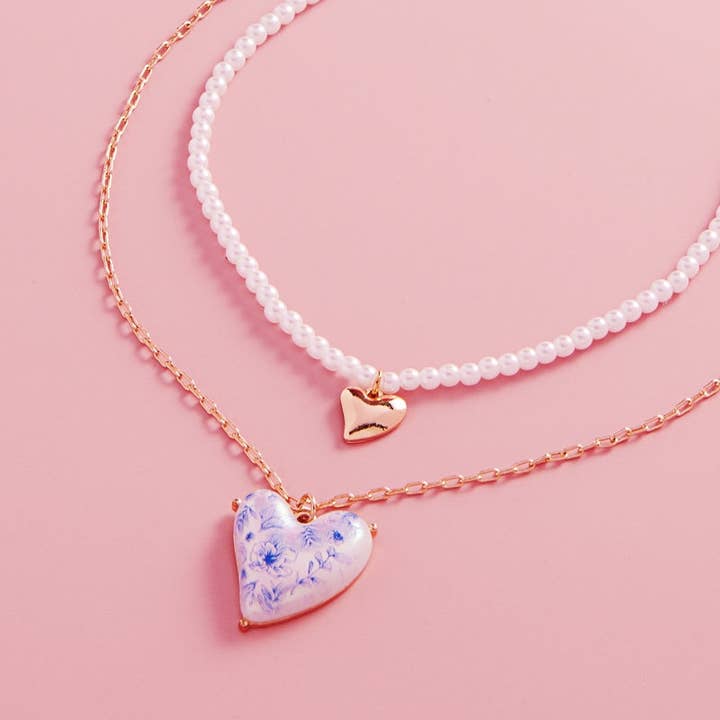 Designature New York - Wholesale Pendant/Charm Necklace - Valentine Heart Pearl W Flower 2 Layered Necklace