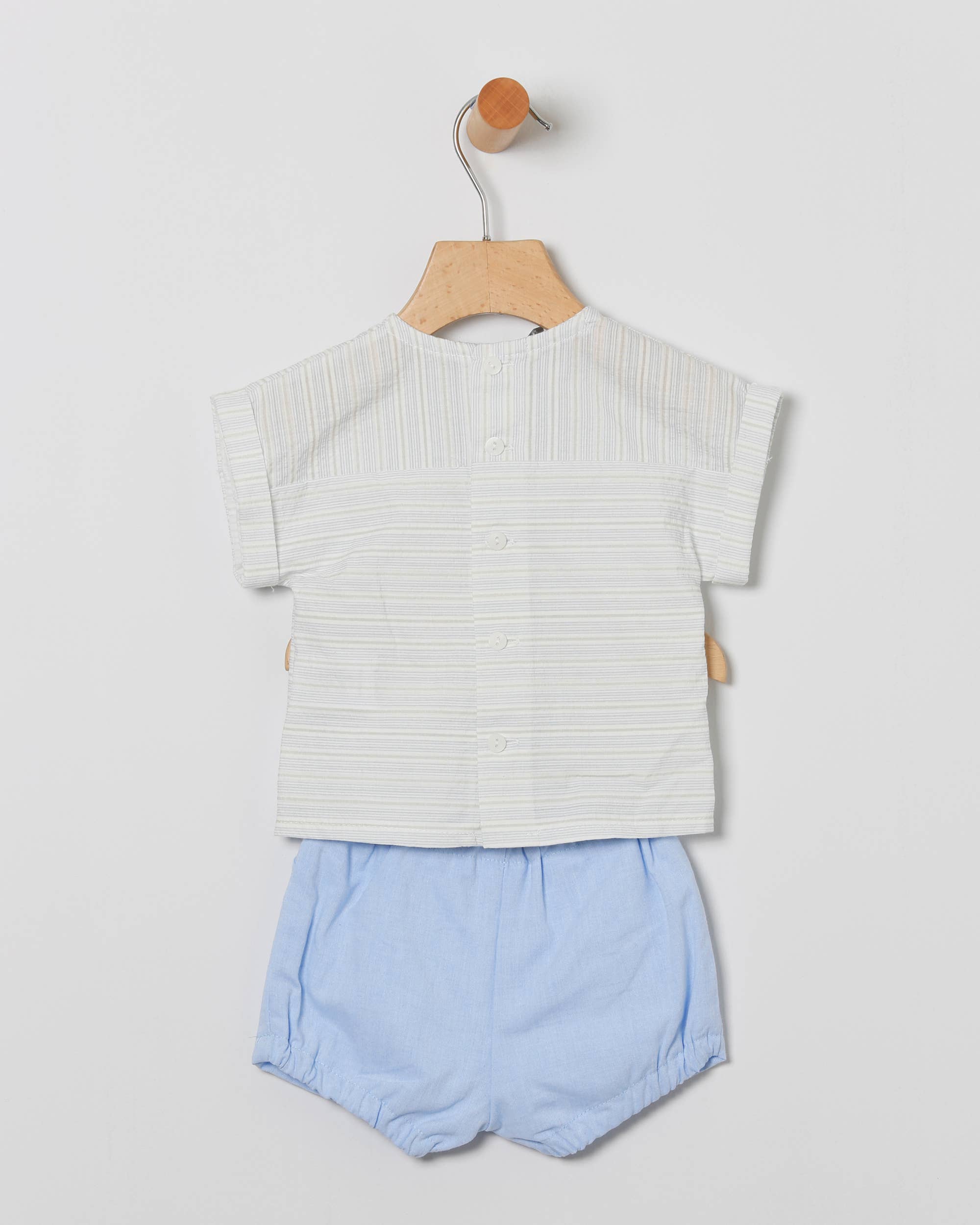 COCO ACQUA - Vendita all'ingrosso Completo top e pantaloncini - Neonati - Completo Bambino con Camicia e Bloomer in Celeste1