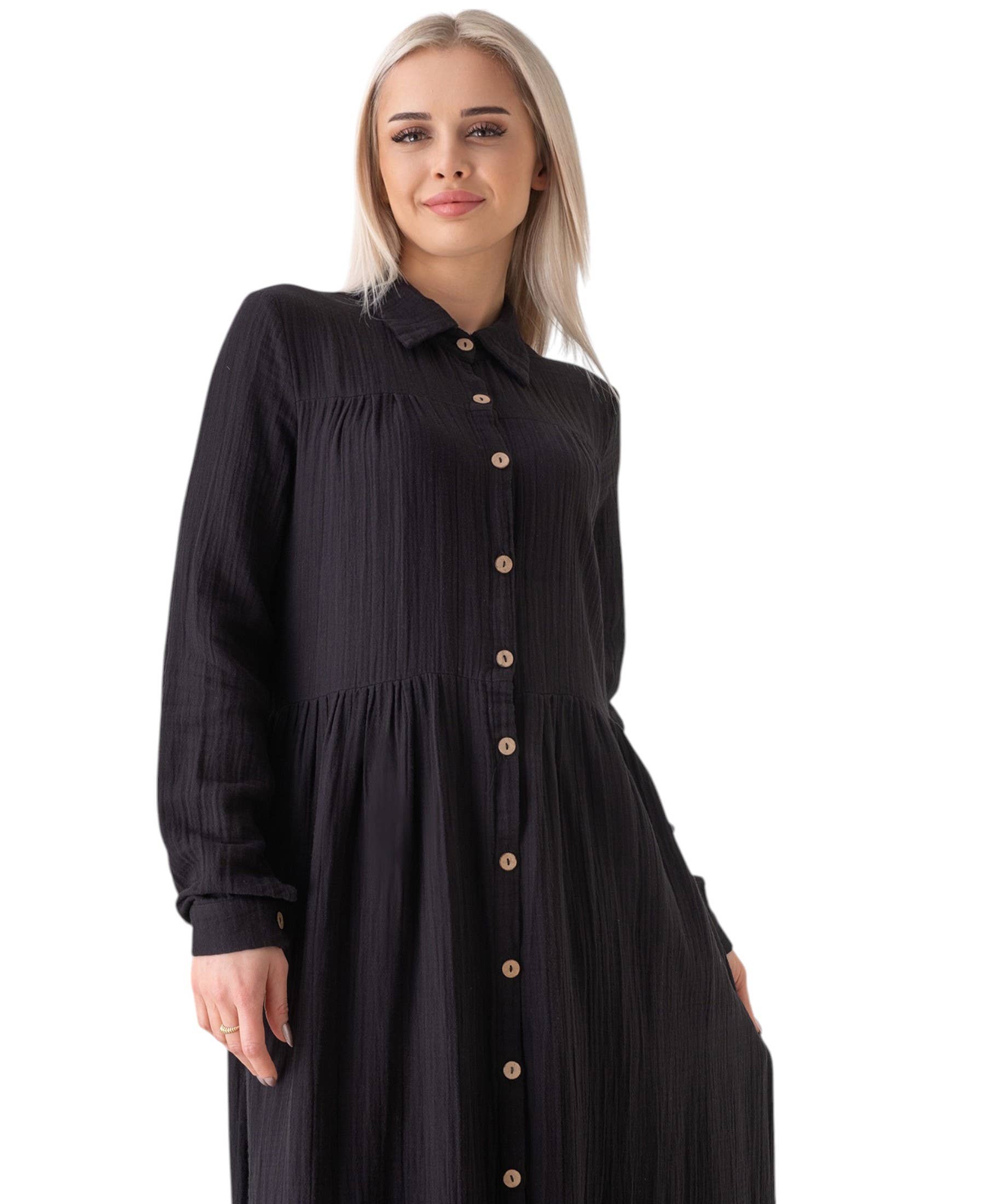 WENOR - Vente Robe – femme - Robe d'été longue en mousseline 100 % coton avec patte de boutonnage, 145 cm15
