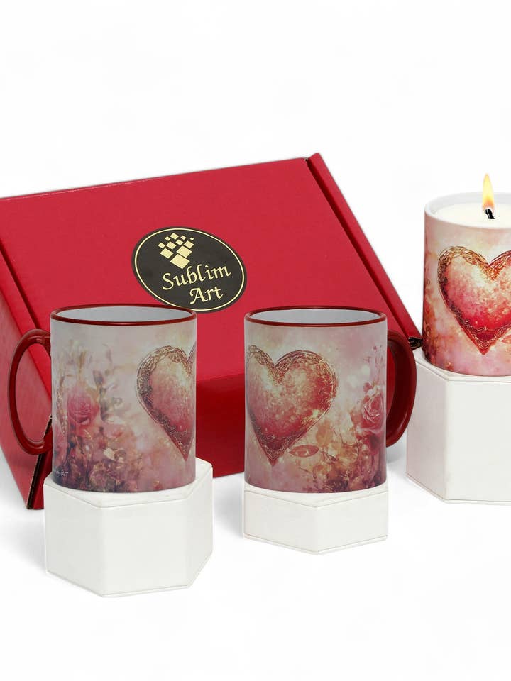 SUBLIMART: LOVE.ly Pack "Corazón Rosa Encantador" (Set de 1 Vela + 2 Tazas) para venta al por mayor de SublimArt