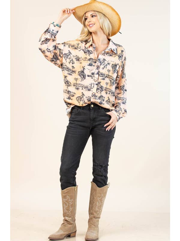 Light Mustard AV1263-AMBERLY BUCKING HORSES PRINT BUTTON DOWN WOVEN SHIRT for wholesale on Faire3
