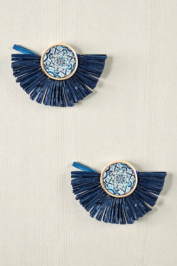 Andrea Bijoux - Wholesale Dangle Earrings - ROUND MIX PRINT RAFFIA TASSEL EARRING0