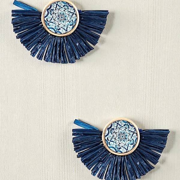 Andrea Bijoux - Wholesale Dangle Earrings - ROUND MIX PRINT RAFFIA TASSEL EARRING
