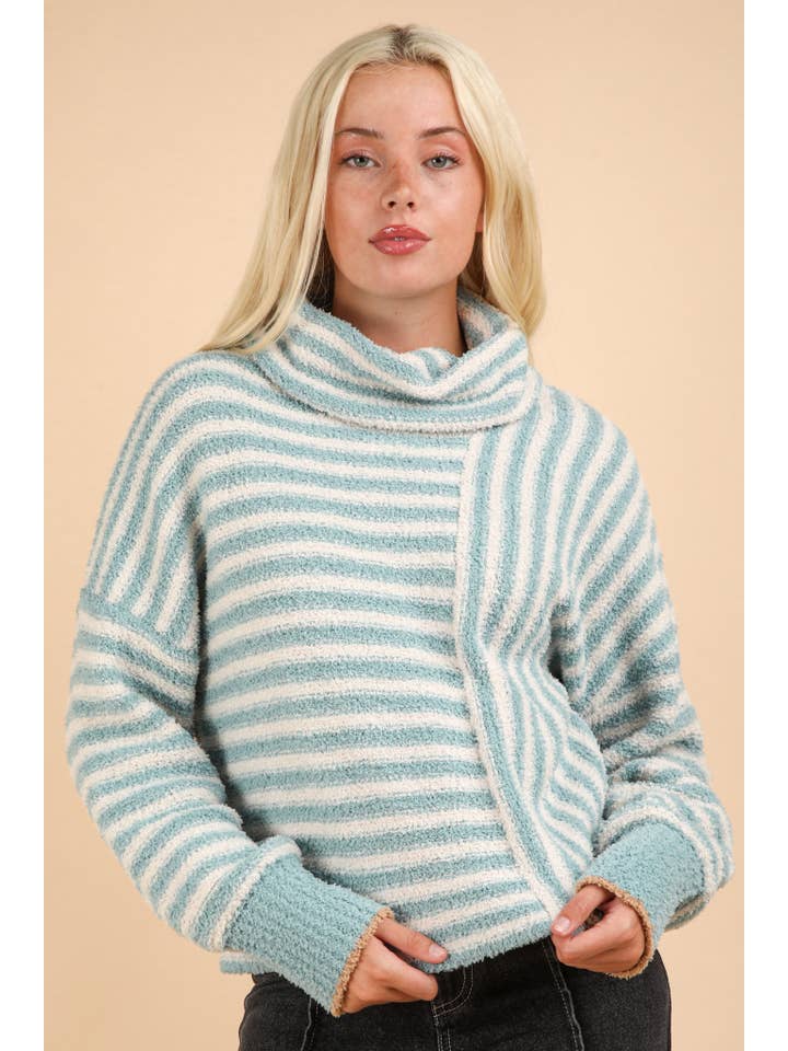 VERY J - Wholesale Knit Sweater - Women's - 12W3186N-Mock Neck Soft Striped Knit Sweater Top