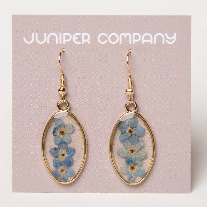 Trois boucles d'oreilles Forget Me Nots, véritables fleurs pressées pour la vente par Juniper Company