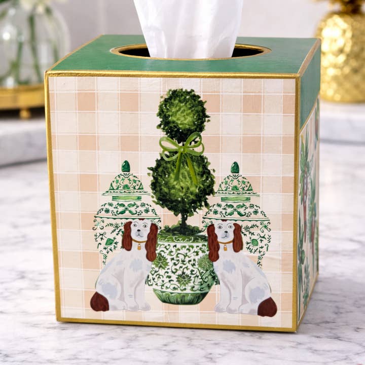 Kleenex Box, 2 staffordshire dogs and topiary tree, brown for wholesale by TOPICS IN THE TROPICS