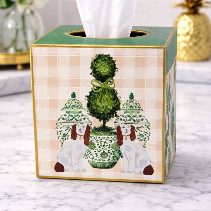Kleenex Box, 2 staffordshire dogs and topiary tree, brown for wholesale by TOPICS IN THE TROPICS