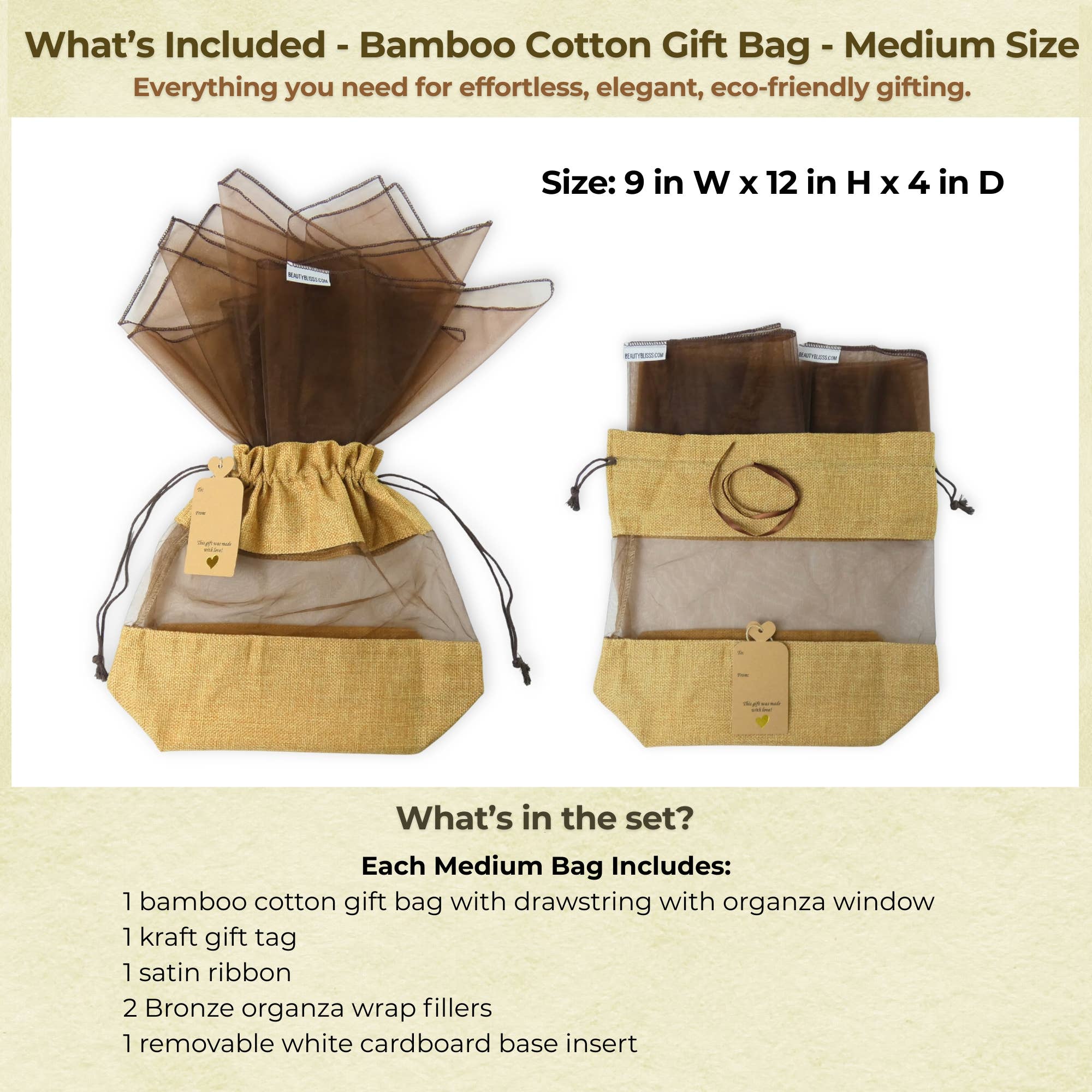 Beauty Blisss - Wholesale Gift Bag - Bamboo Cotton Gift Bag MEDIUM, Light Brown, Tag, 2 Wraps2
