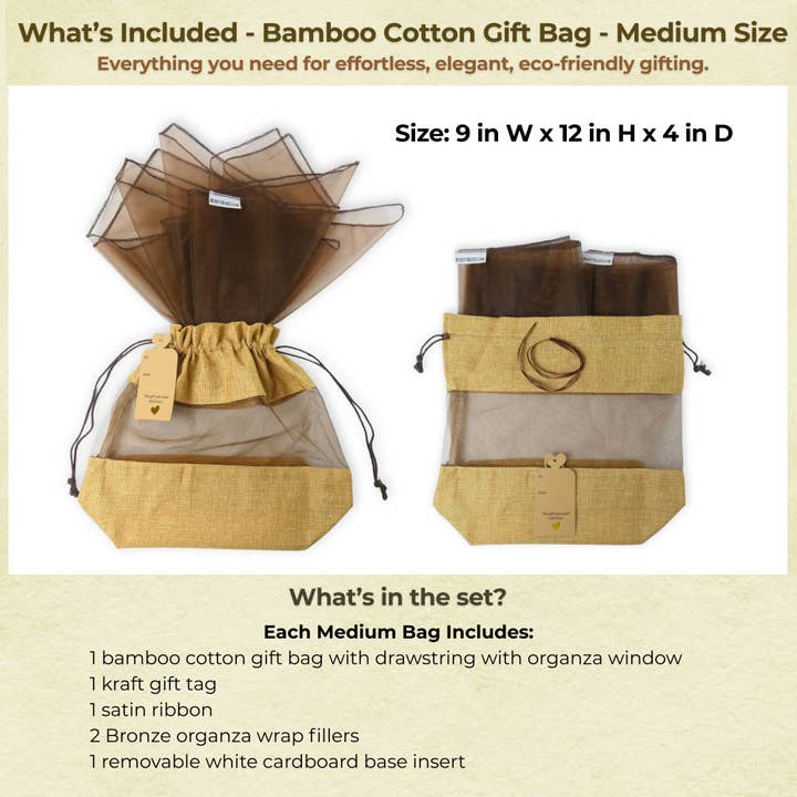 Beauty Blisss - Wholesale Gift Bag - Bamboo Cotton Gift Bag MEDIUM, Light Brown, Tag, 2 Wraps2