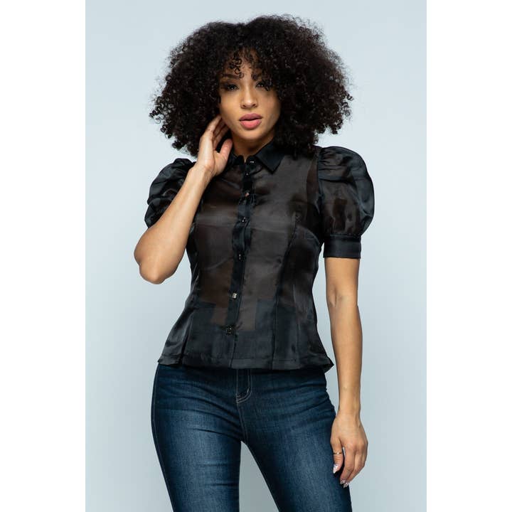 ST2702 - COLLARED SHORT SLEEVE ORGANZA TOP for wholesale by The Sang