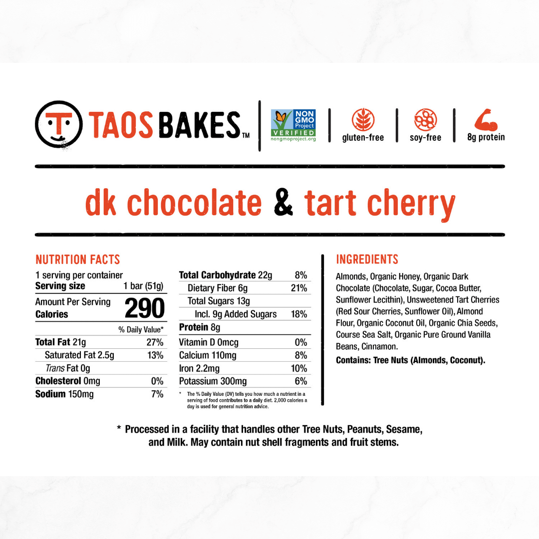 Taos Bakes - Wholesale Snack Bar - Dark Chocolate + Tart Cherry | Snack Bars | 1.8oz 2