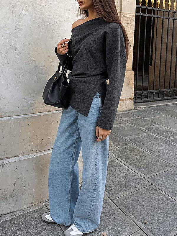 NERO Magliette a maniche lunghe con spacco laterale a spalla scoperta di colore solido e vestibilità ampia. in vendita all'ingrosso su Faire4