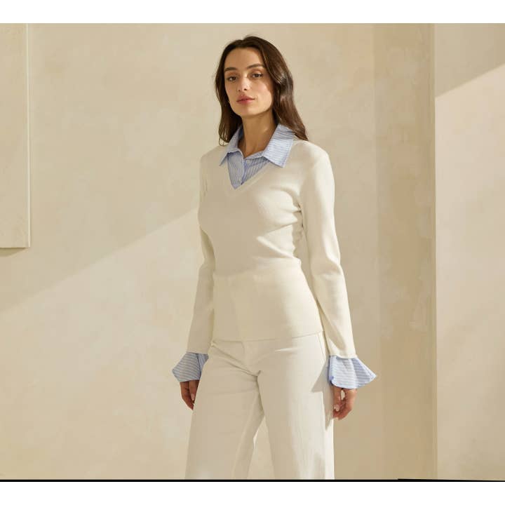 Ivory Sky Sweater Top with Contrast Neck & Cuffs for wholesale on Faire7