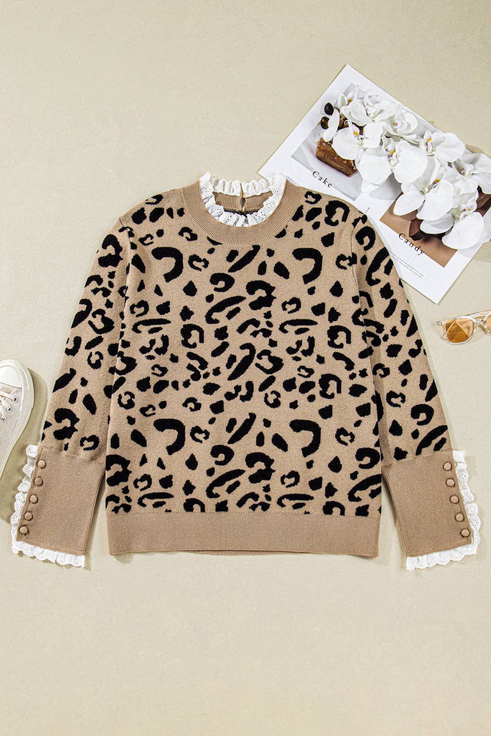 Brown LALALOO Plus Size Leopard Lace Trim Long Sleeve Sweater for wholesale on Faire4
