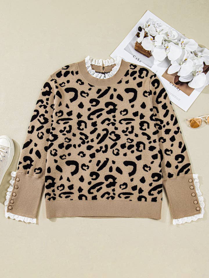 Brown LALALOO Plus Size Leopard Lace Trim Long Sleeve Sweater for wholesale on Faire4