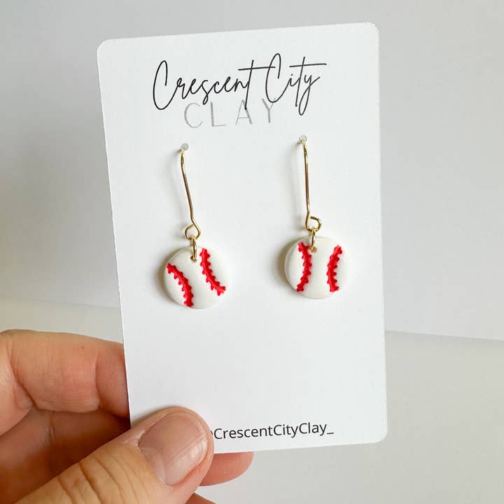 Baseball Dangle Earrings for wholesale by Crescent City Clay