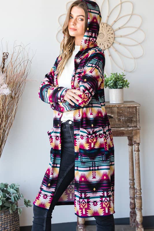 EJ6708-10 HOOD MULTI COLOR AZTEC SHACKET WITH POCKET for wholesale on Faire7