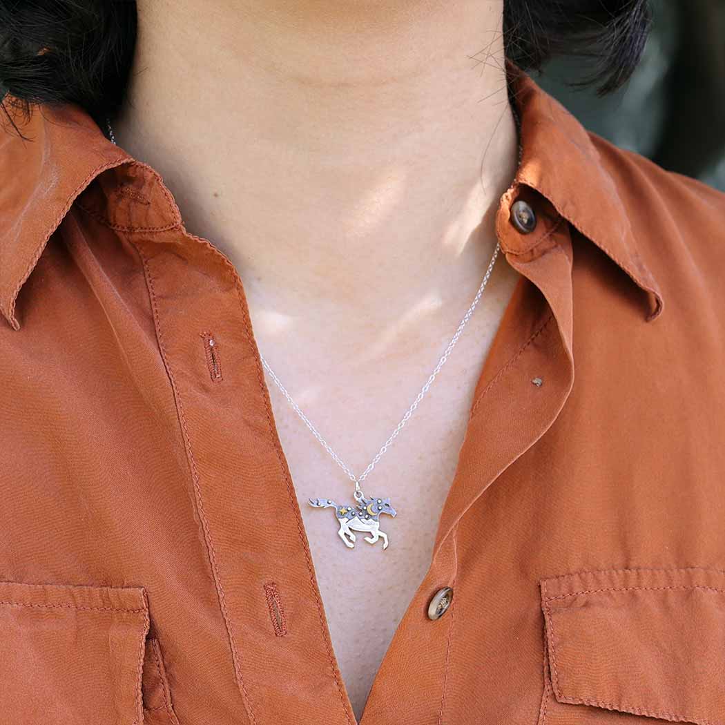 Nina Designs - Wholesale Pendant/Charm Necklace - Sterling Silver Horse Necklace with Bronze Moon1