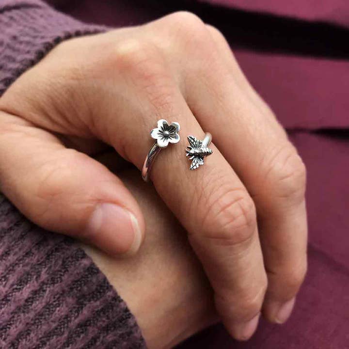 Nina Designs - Wholesale Band/Stacked Ring - Silver or Bronze Bee and Cherry Blossom Adjustable Ring