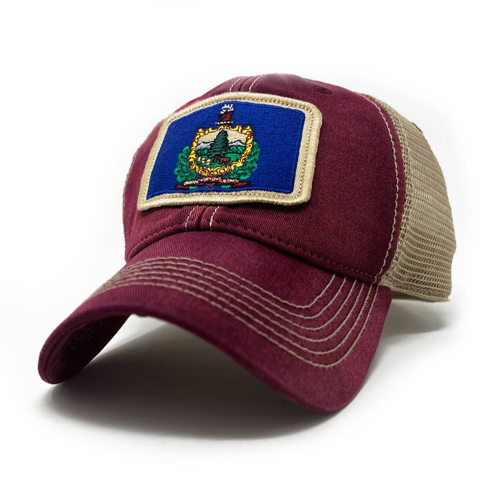 Vermont Flag Patch Trucker Hat, Brick Red for wholesale by S.L. Revival Co.