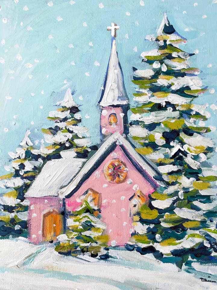 Kerstprint op papier „Christmas Church” voor wholesale door Maren Devine Art