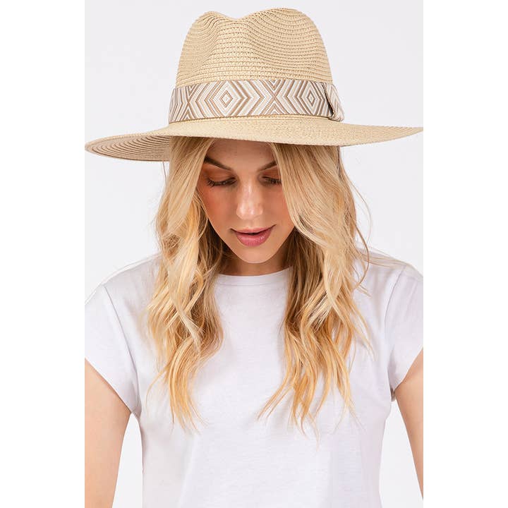 Hana - Wholesale Straw Hat - Women's - Aztec Tribal Pattern Band Straw Summer Sun Hat