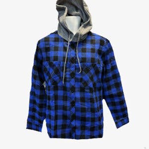 Royal Blue and Black Hooded Flannel Shirt – Plaid for wholesale by Turnovers Inc