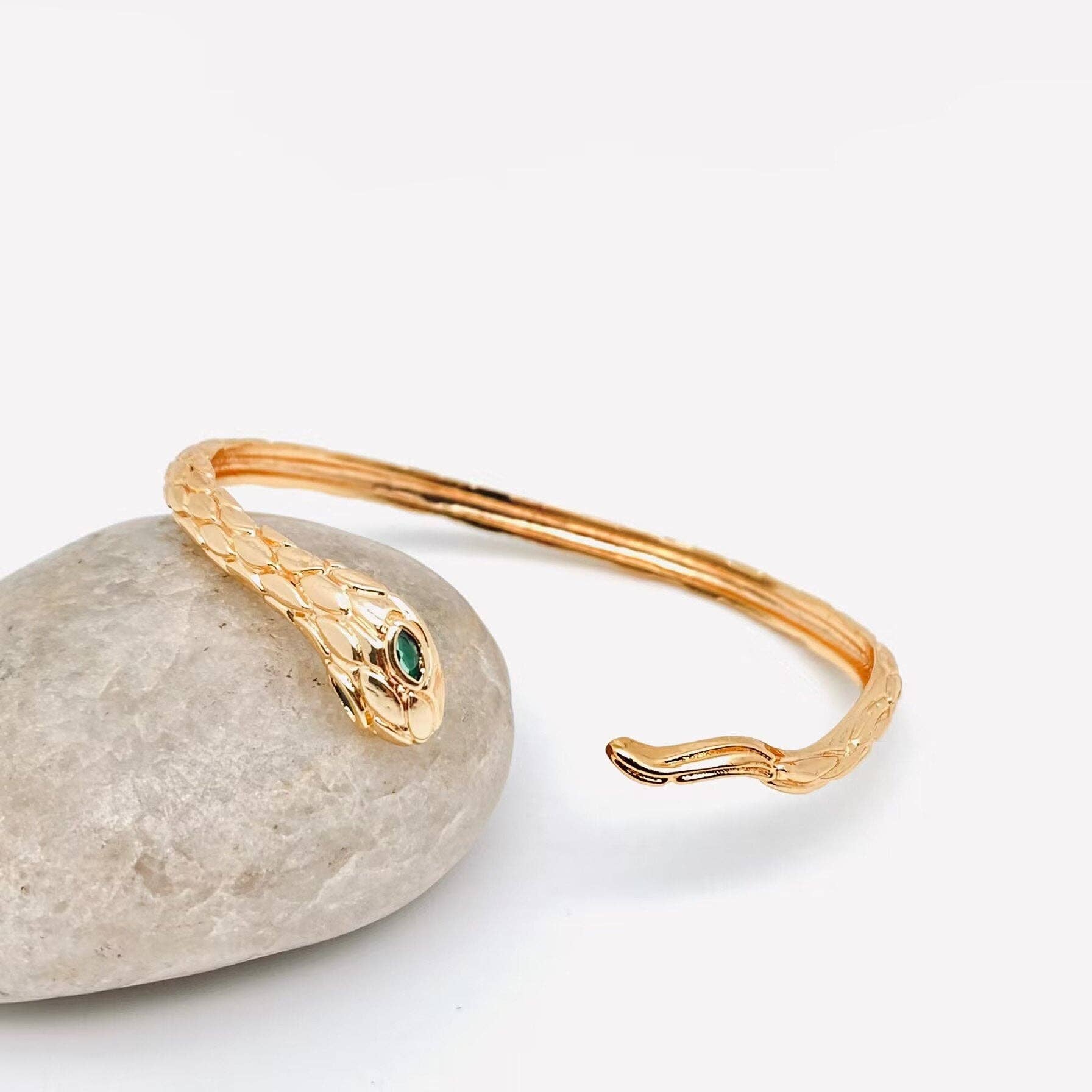 Mio Queena - Wholesale Cuff Bracelet - Green-eyed Snake Shaped Gold-plated Adjustable Cuff Bangle1