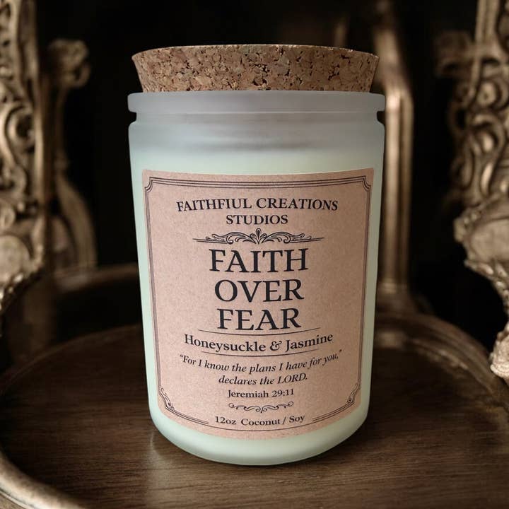 Faith Over Fear | Honeysuckle & Jasmine | 12oz Coconut Soy for wholesale by Faithful Creations Studios | Candles
