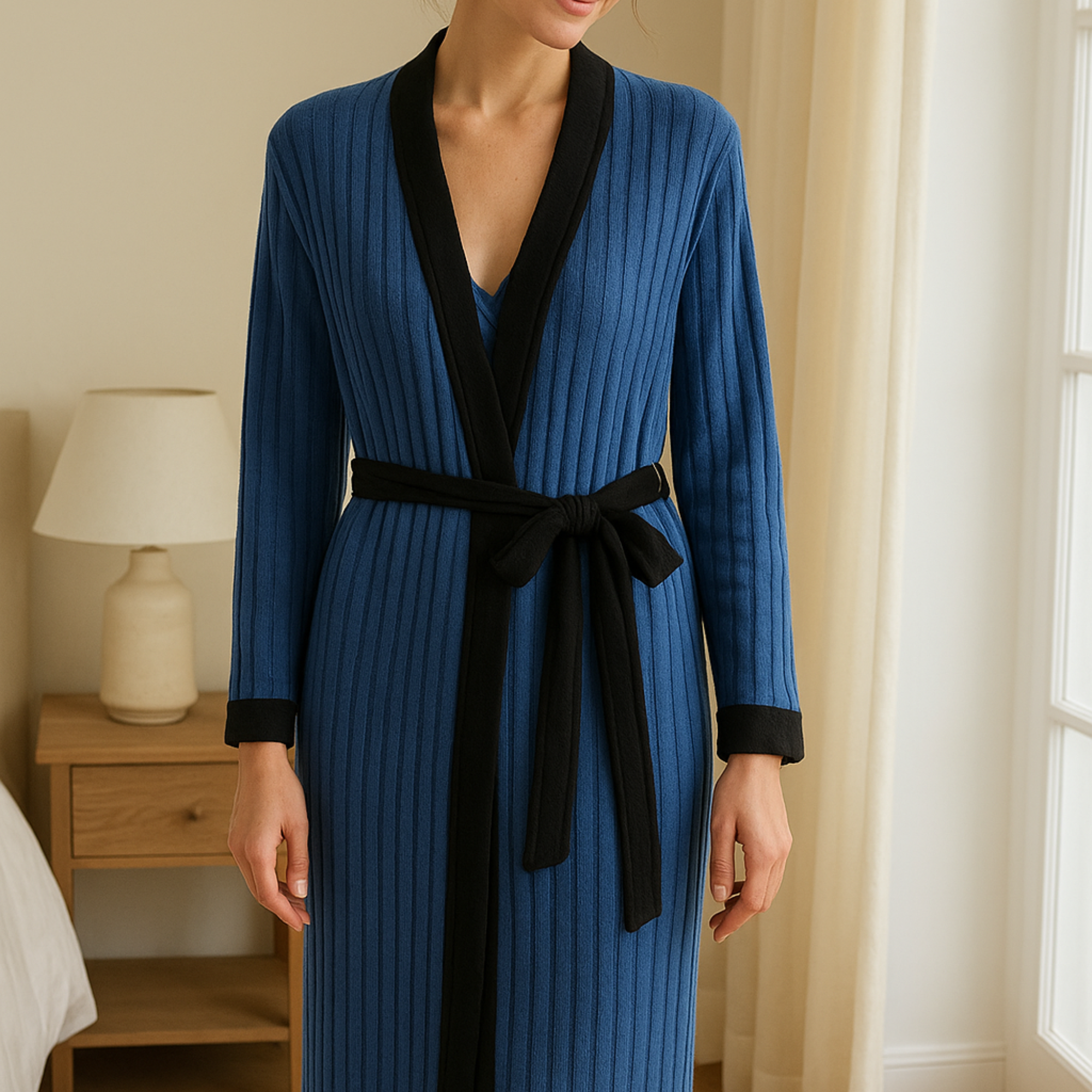 DrifWoo - Wholesale Robe - Women's - Ribbed Knit Lounge Robe with Contrast Trim – Cozy Elegance5