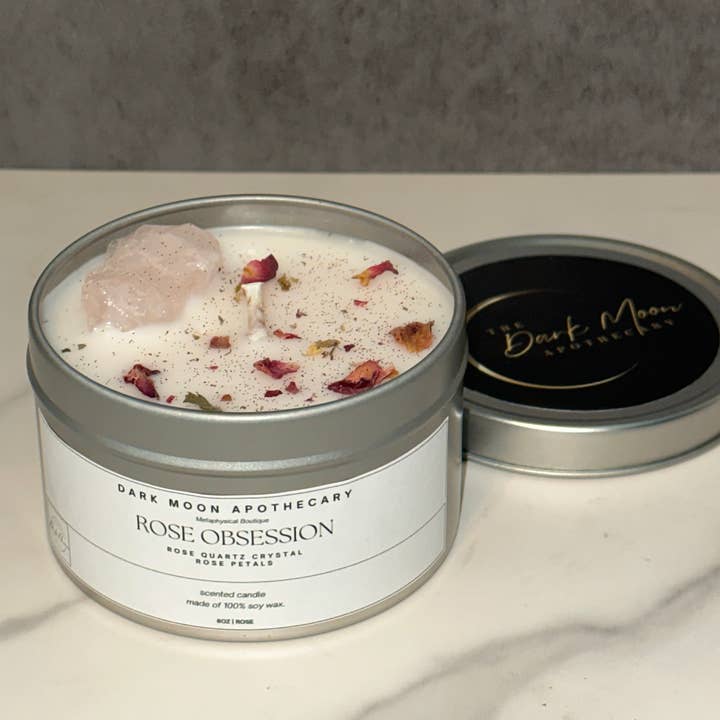 Rose Obsession soy crystal candle w/ rose quartz for wholesale by The Dark Moon Apothecary