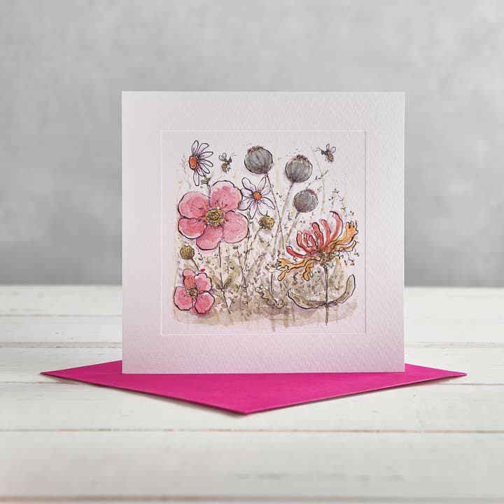 Poppies and Honeysuckle Greetings Card for wholesale by Helen Wiseman Illustration