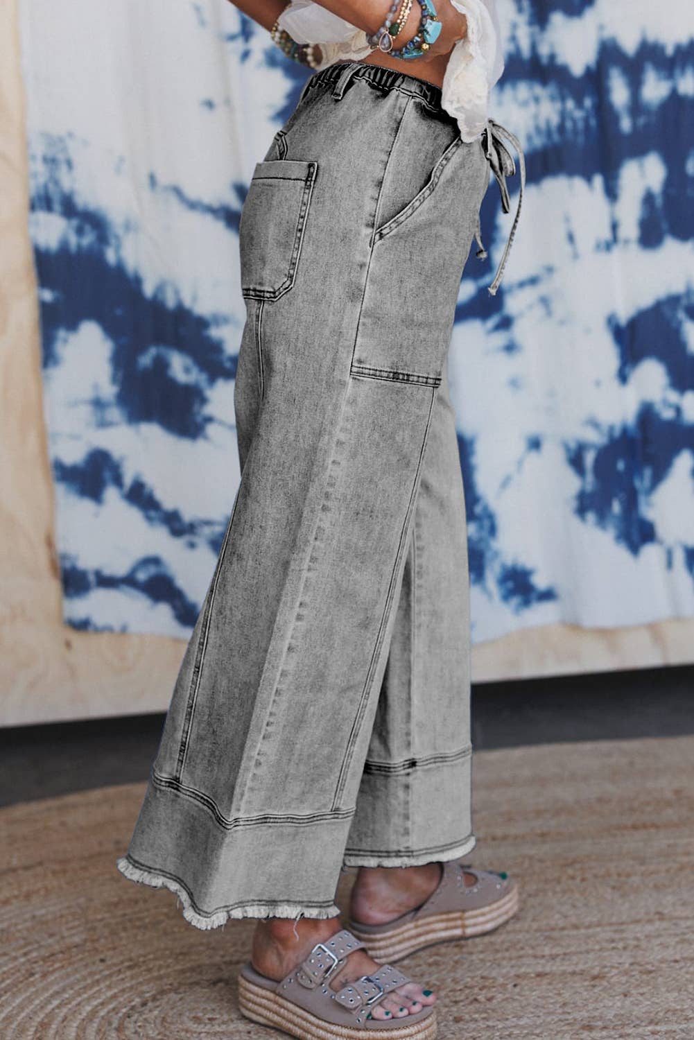 FULL TIME PURCHASE - Wholesale Jeans - Women's - Drawstring Seam Detail Raw Hem Wide Leg Denim Pants7