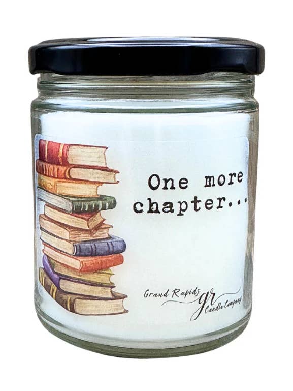 One More Chapter. 9oz Soy Blend Candle book reader for wholesale by Grand Rapids Candle Company