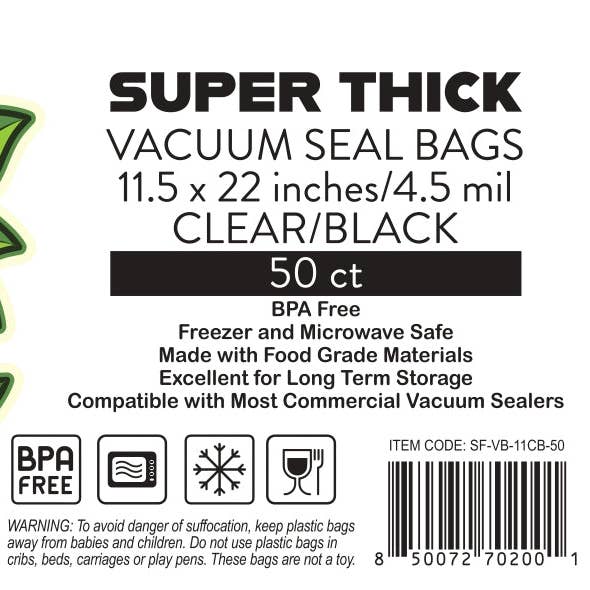 Super Fresh 11,5” x 22” Noir/Transparent 50 PACK pour la vente par Super Fresh Vacuum Seal Bags