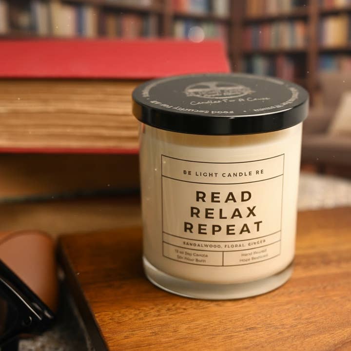 Be Light Candle RE – Vela em jarro/copo por atacado – Ler Relaxar Repetir, Vela Perfumada de Soja 12oz | Presente Vela1