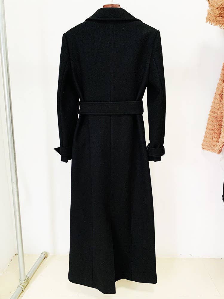 CT027 Elegant Long Black Wool Coat with Gold Accents for wholesale on Faire2